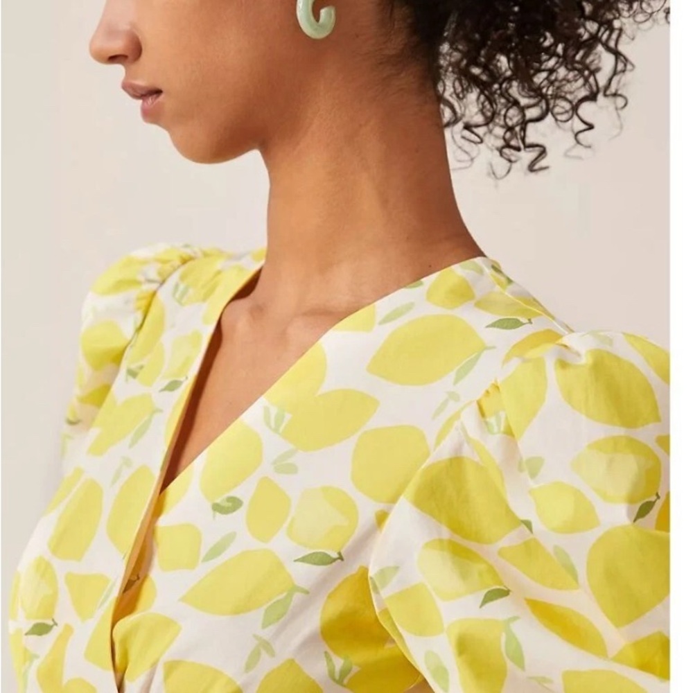 Hutch Anthropologie Yellow Lemon Print Tiered Wrap Midi Dress - Picture 3 of 7